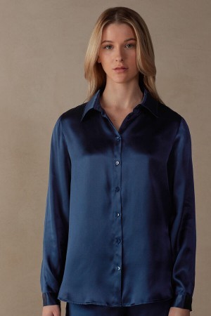 Intimissimi Long Sleeve Silk Shirt Blå | DKJVR87505